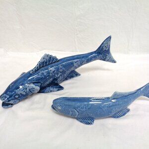 Blue Porcelain Fish Sculpture Set House of Queiroz Coastal Nautical Decor